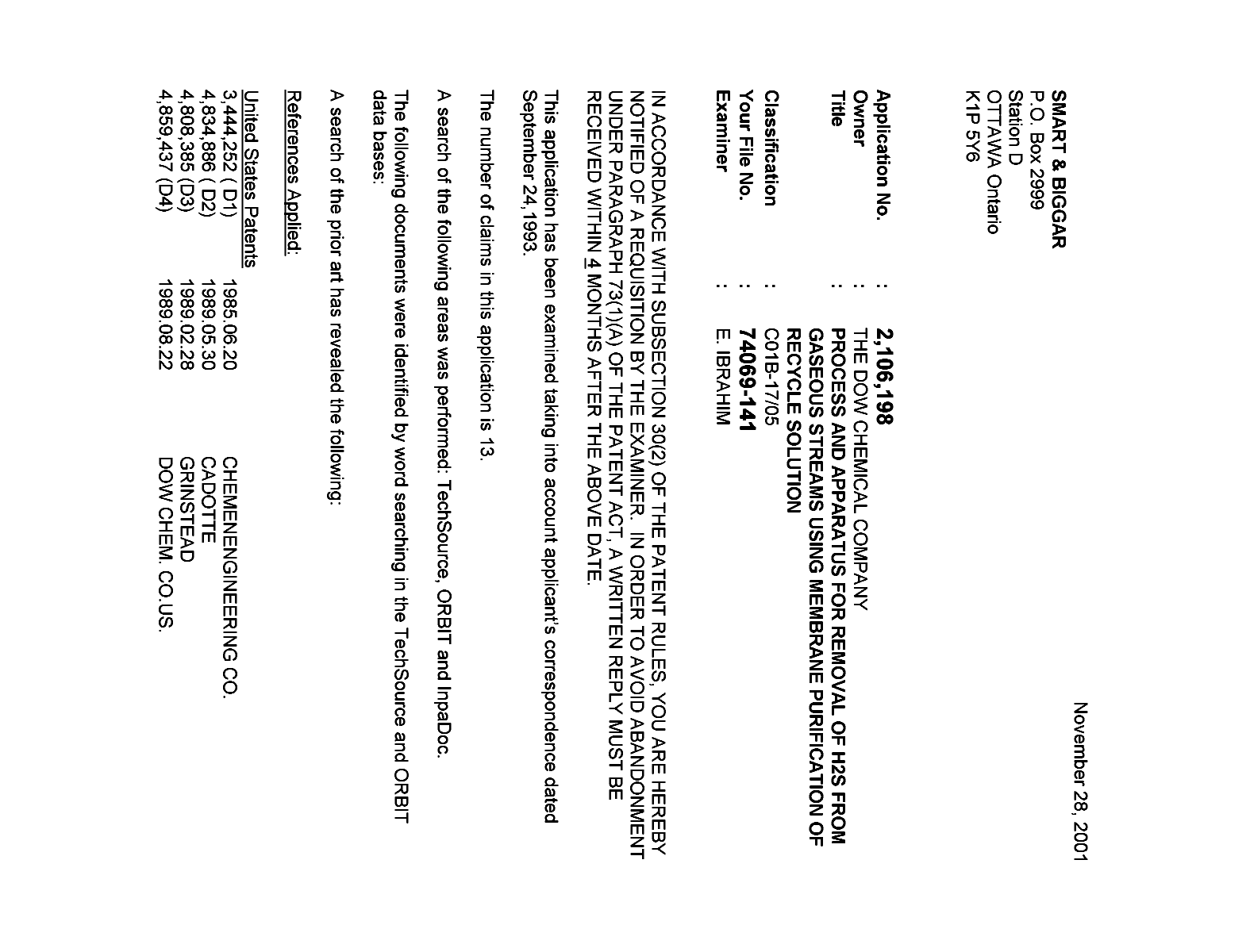 Canadian Patent Document 2106198. Prosecution-Amendment 20011128. Image 1 of 2
