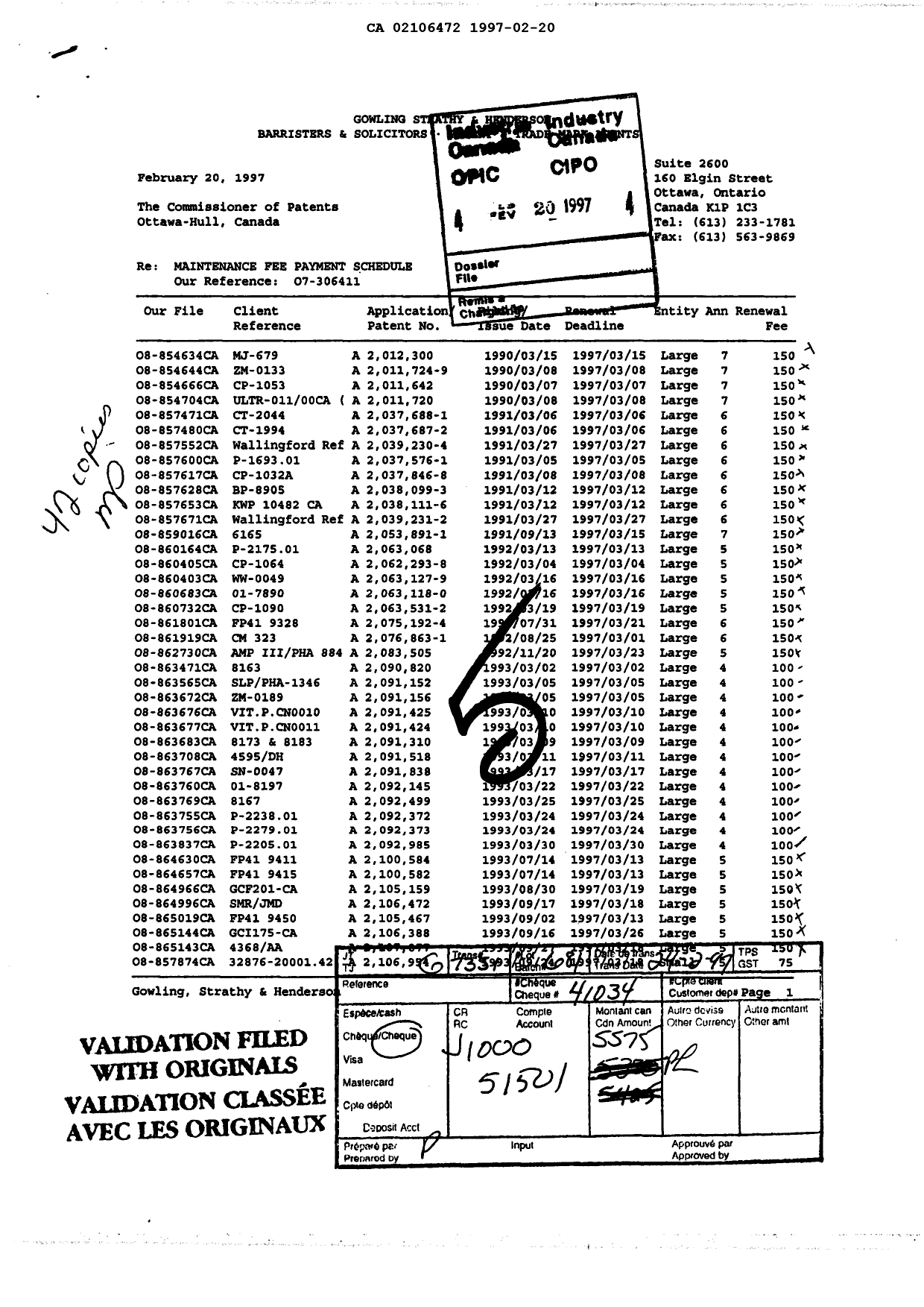 Canadian Patent Document 2106472. Fees 19970220. Image 1 of 1