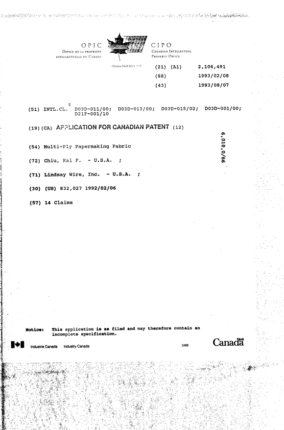 Canadian Patent Document 2106491. Cover Page 19940528. Image 1 of 1