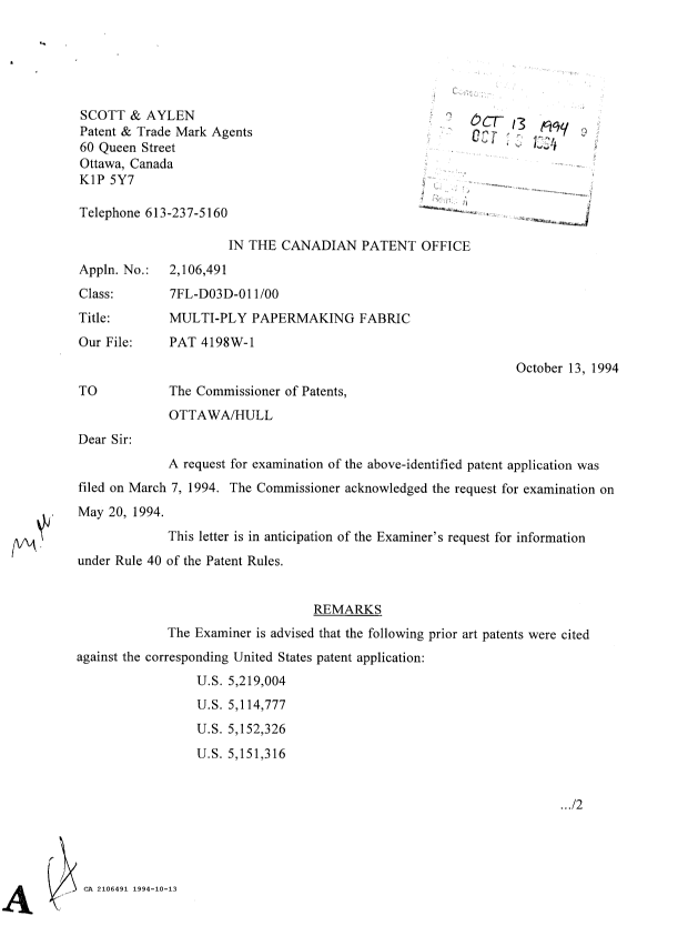 Canadian Patent Document 2106491. Prosecution Correspondence 19941013. Image 1 of 16
