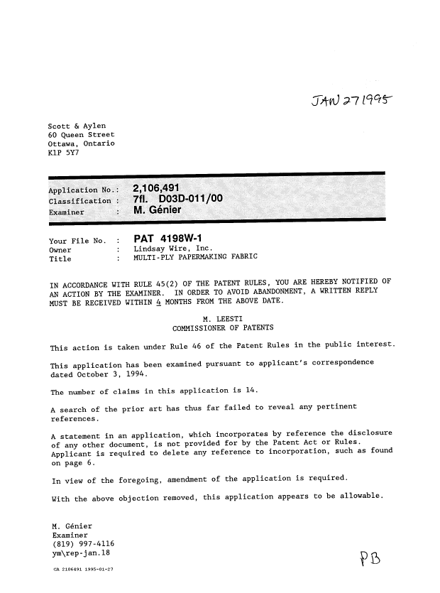 Canadian Patent Document 2106491. Examiner Requisition 19950127. Image 1 of 1