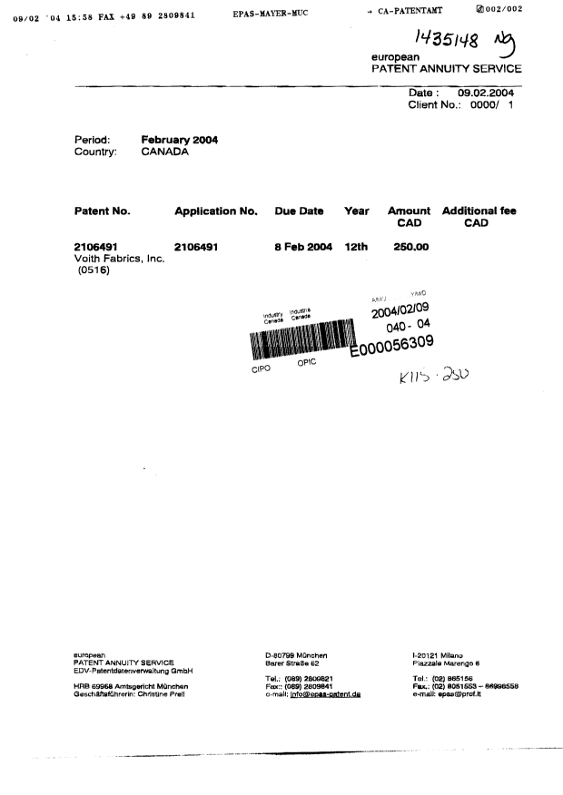 Document de brevet canadien 2106491. Taxes 20040209. Image 1 de 2
