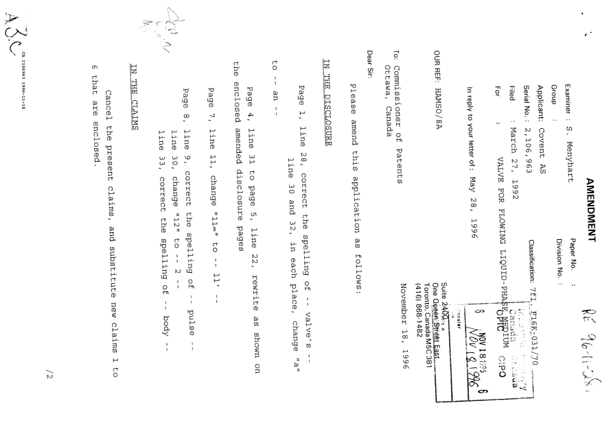 Canadian Patent Document 2106963. Prosecution Correspondence 19961118. Image 1 of 2