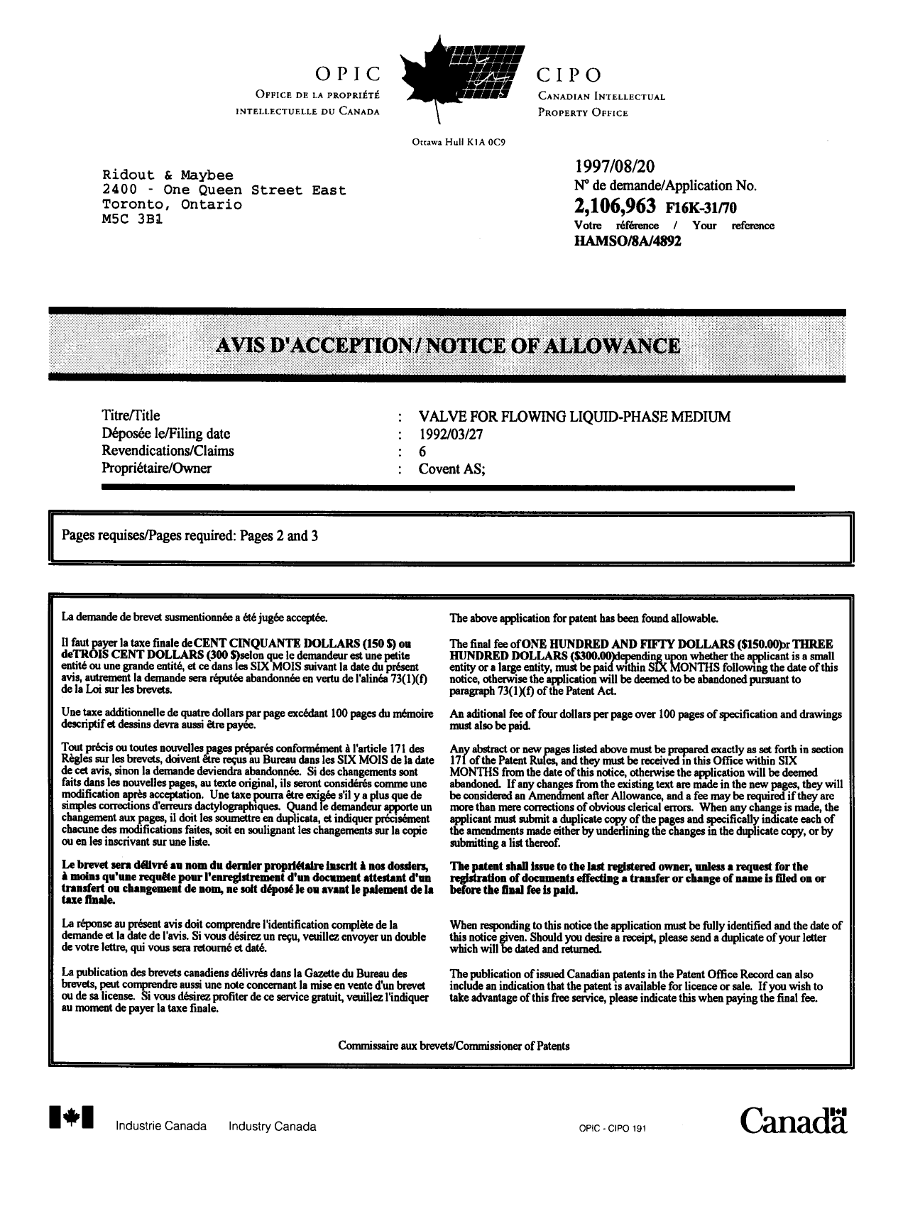 Canadian Patent Document 2106963. Prosecution-Amendment 19970818. Image 1 of 1