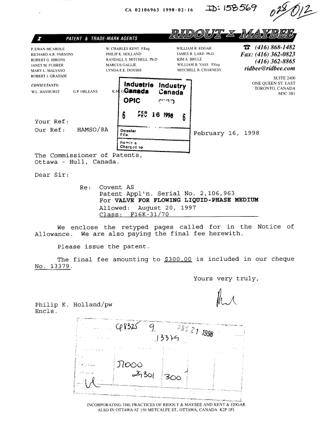 Document de brevet canadien 2106963. Correspondance 19980216. Image 1 de 3