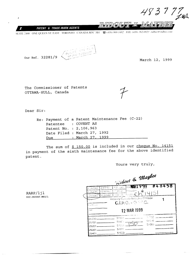 Document de brevet canadien 2106963. Taxes 19990312. Image 1 de 1
