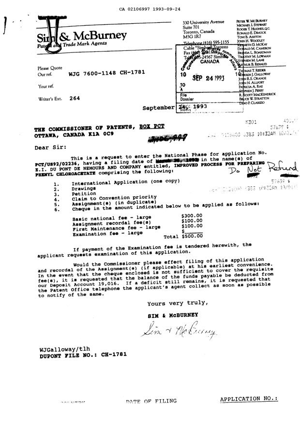 Document de brevet canadien 2106997. Taxes 19930924. Image 1 de 1