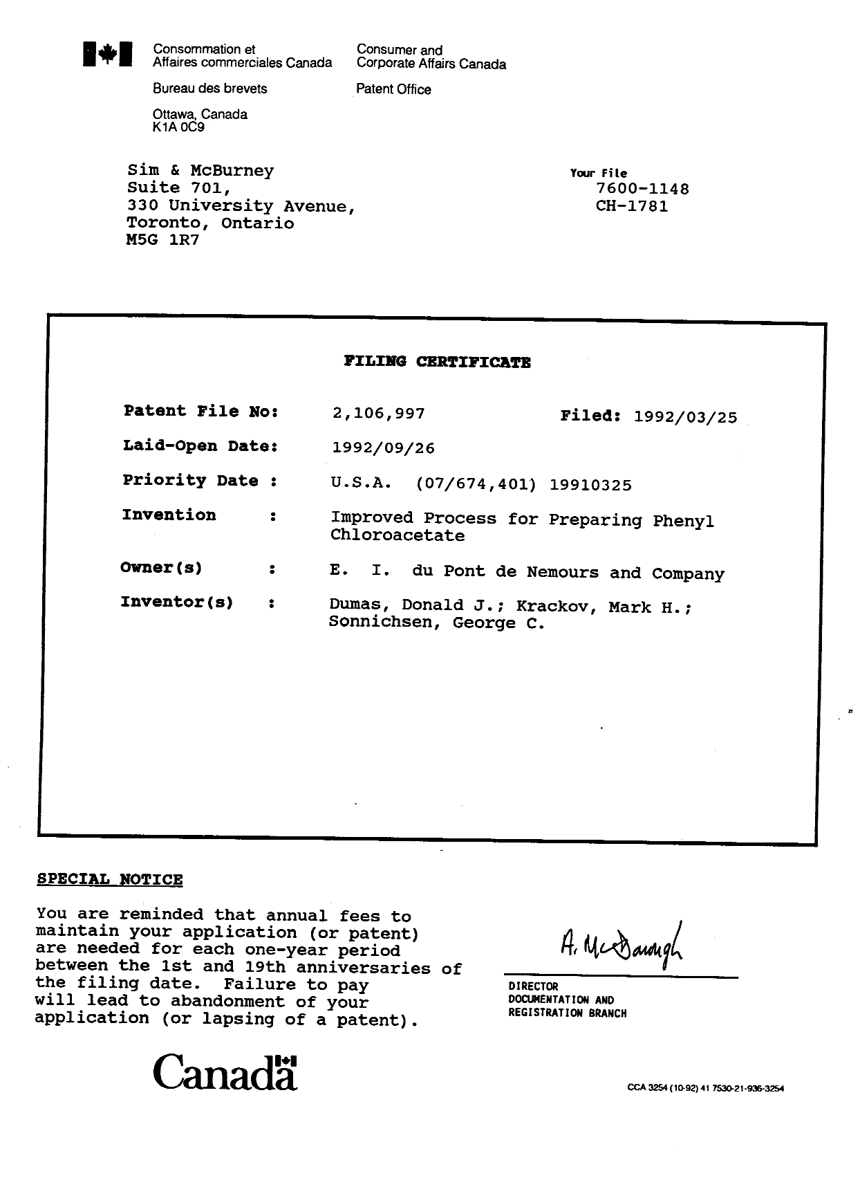 Canadian Patent Document 2106997. Assignment 19930924. Image 8 of 9