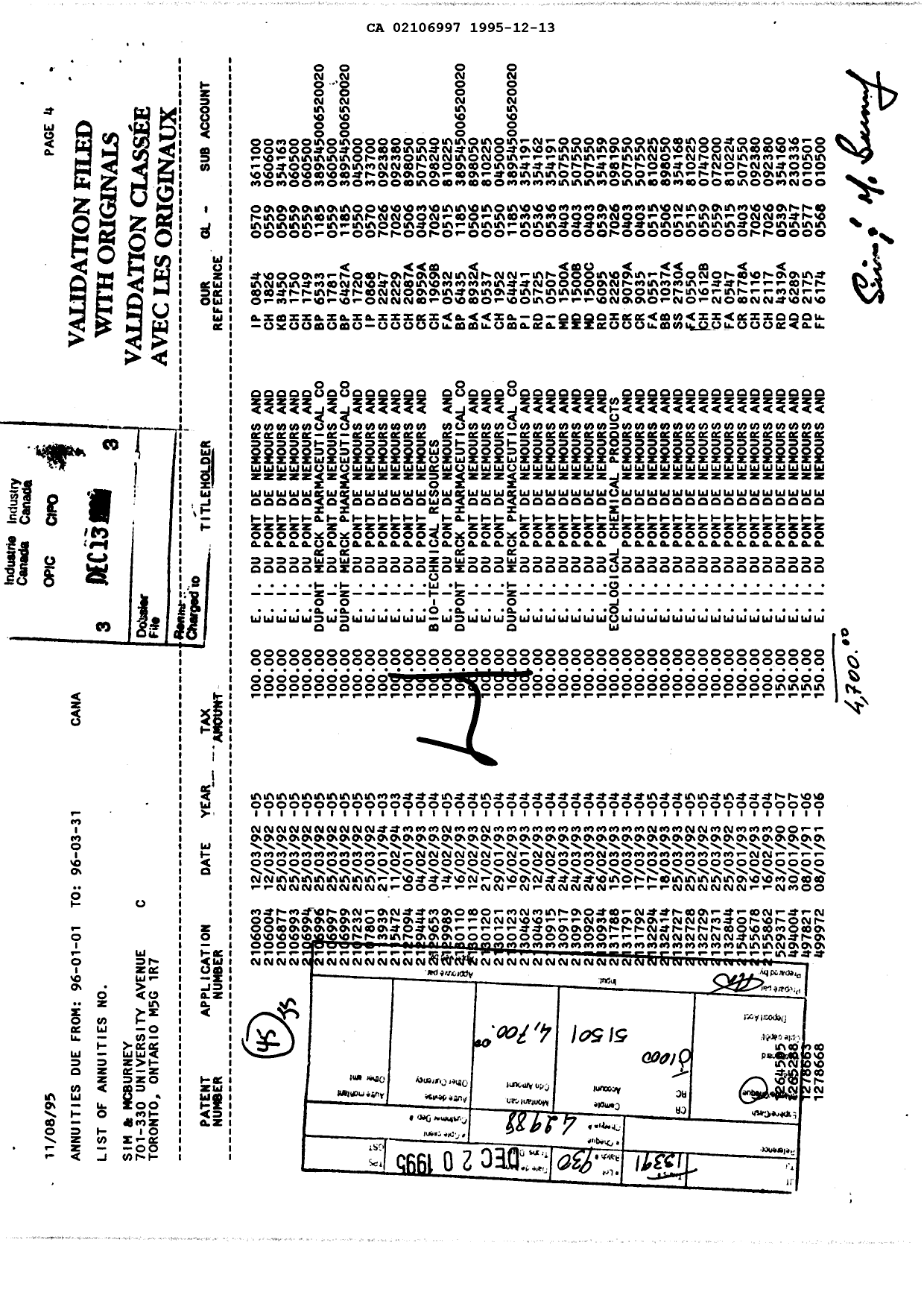 Document de brevet canadien 2106997. Taxes 19951213. Image 1 de 1