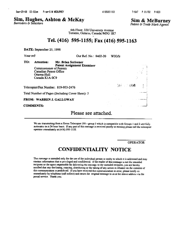 Document de brevet canadien 2106997. Cession 19980925. Image 2 de 2