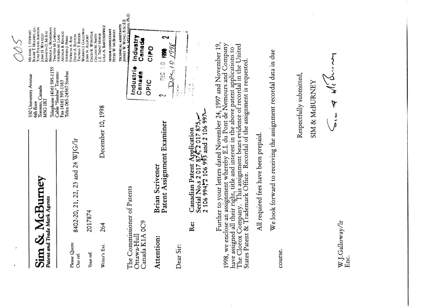 Canadian Patent Document 2106997. Assignment 19981210. Image 1 of 6