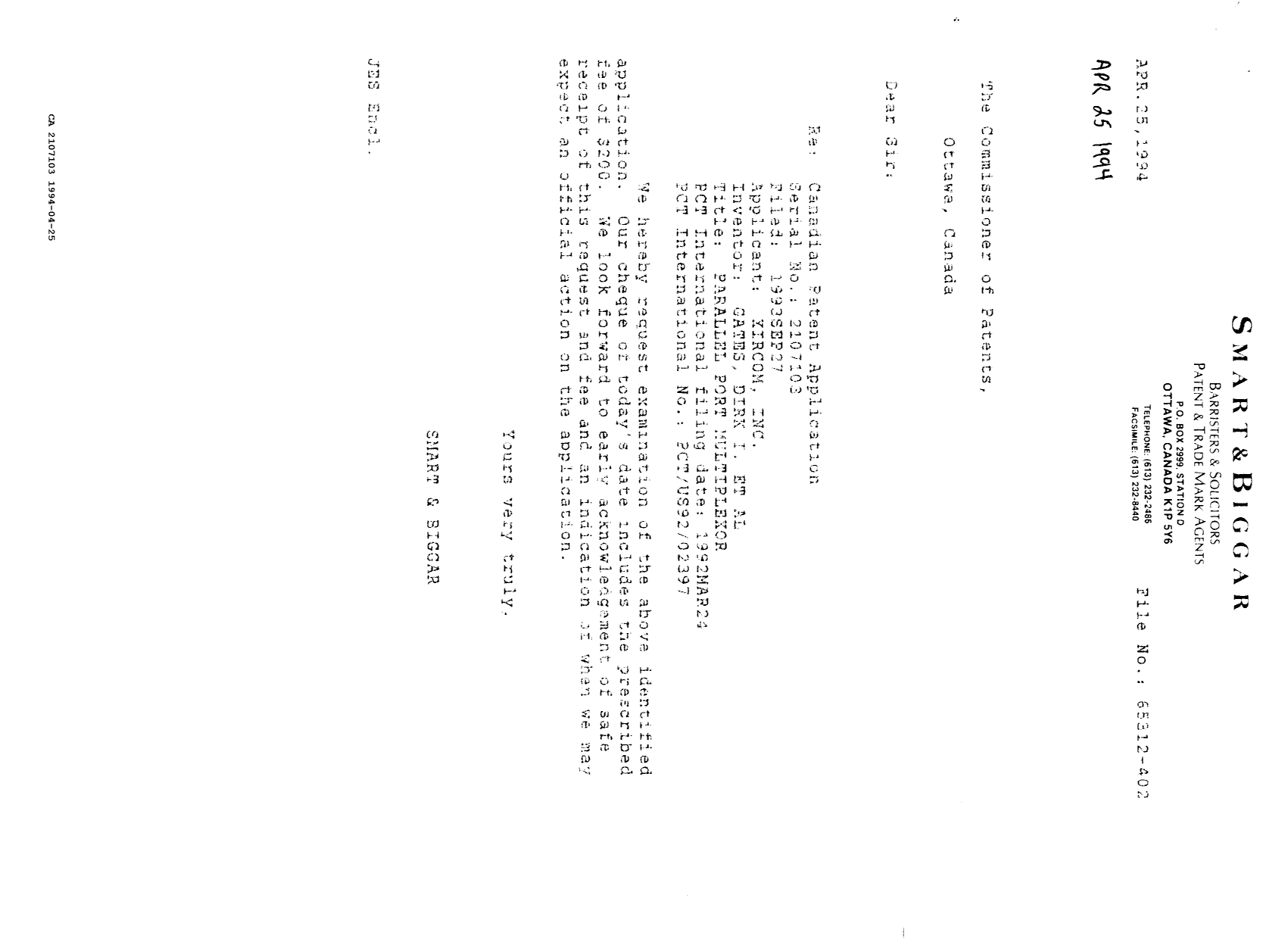 Canadian Patent Document 2107103. Prosecution Correspondence 19940425. Image 1 of 2