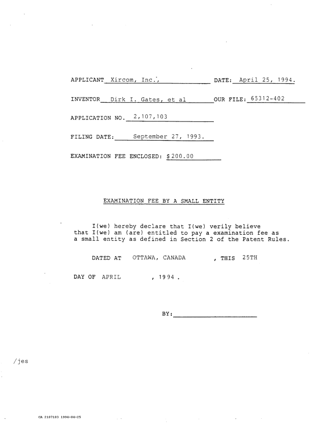 Document de brevet canadien 2107103. Correspondance de la poursuite 19940425. Image 2 de 2