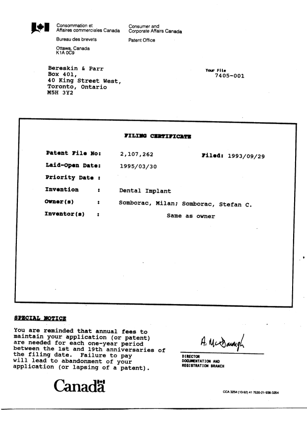 Document de brevet canadien 2107262. Cession 19930929. Image 4 de 4