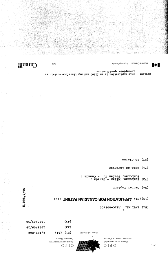 Canadian Patent Document 2107262. Cover Page 19950603. Image 1 of 1