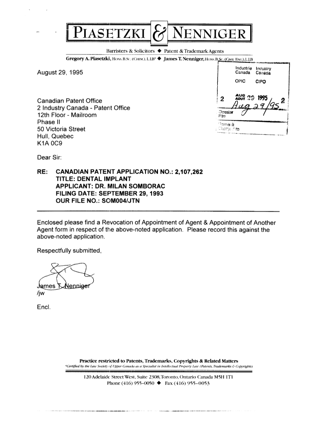 Document de brevet canadien 2107262. Correspondance 19950829. Image 1 de 4