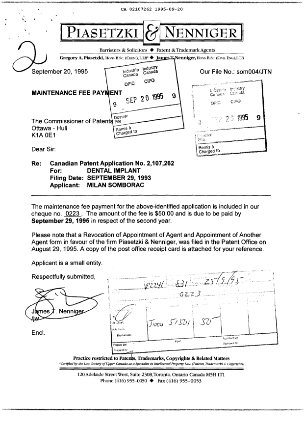 Document de brevet canadien 2107262. Taxes 19950920. Image 1 de 2