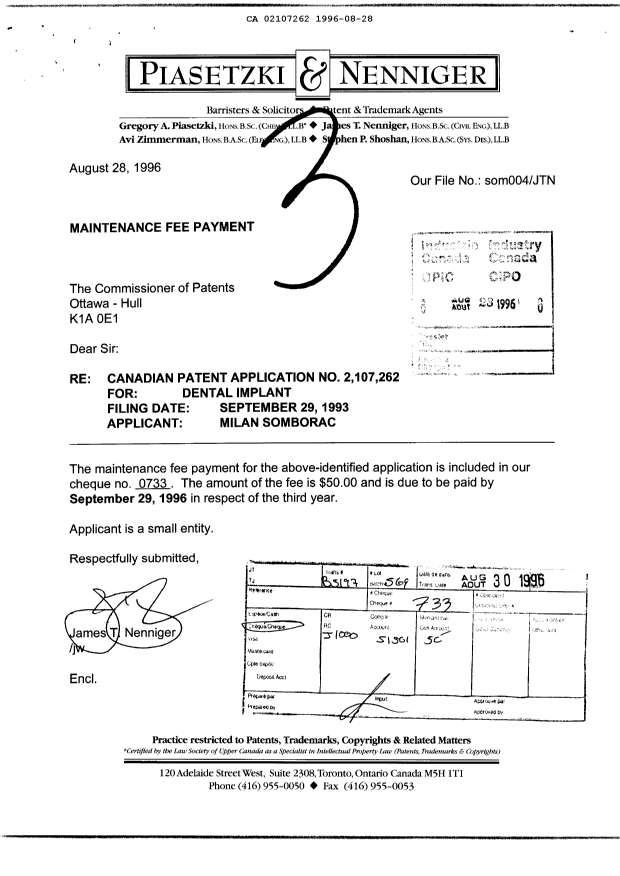 Document de brevet canadien 2107262. Taxes 19960828. Image 1 de 1