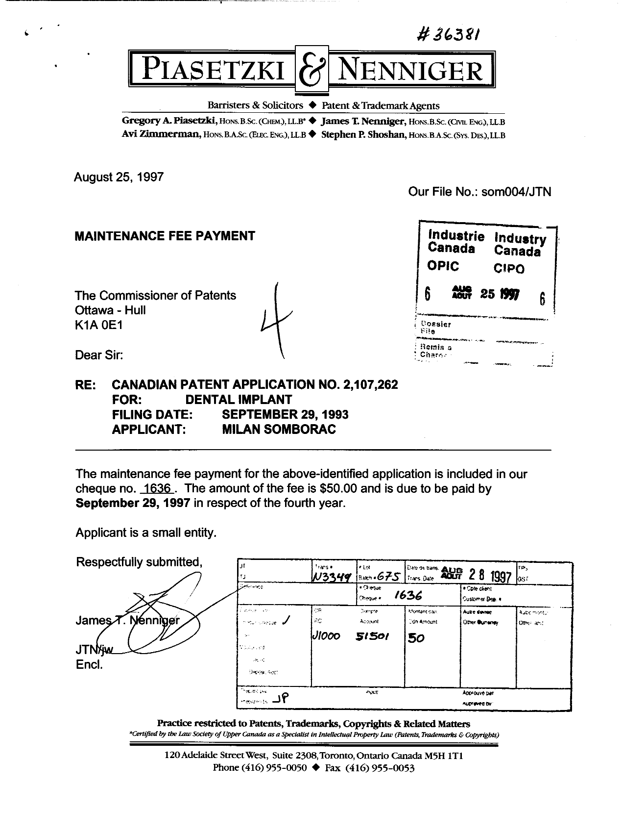 Document de brevet canadien 2107262. Taxes 19970825. Image 1 de 1