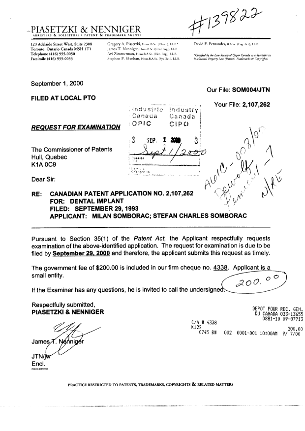 Canadian Patent Document 2107262. Prosecution-Amendment 20000901. Image 1 of 1