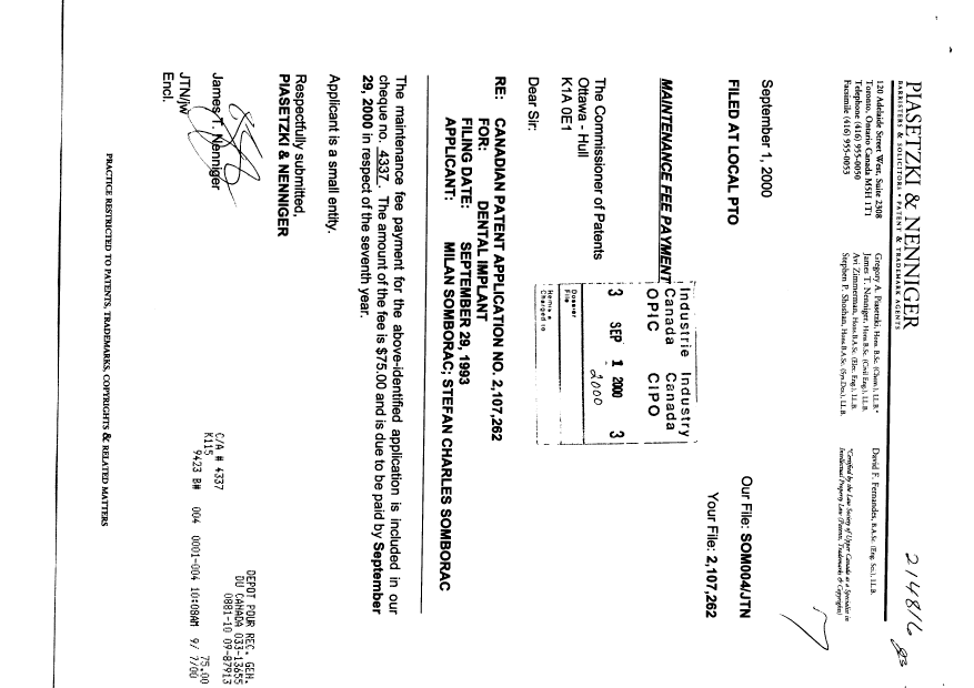 Document de brevet canadien 2107262. Taxes 20000901. Image 1 de 1