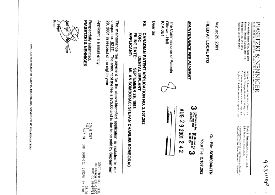 Canadian Patent Document 2107262. Fees 20010829. Image 1 of 1