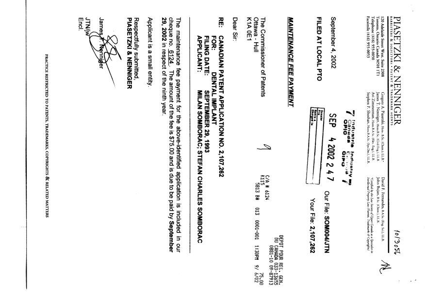 Document de brevet canadien 2107262. Taxes 20020904. Image 1 de 1