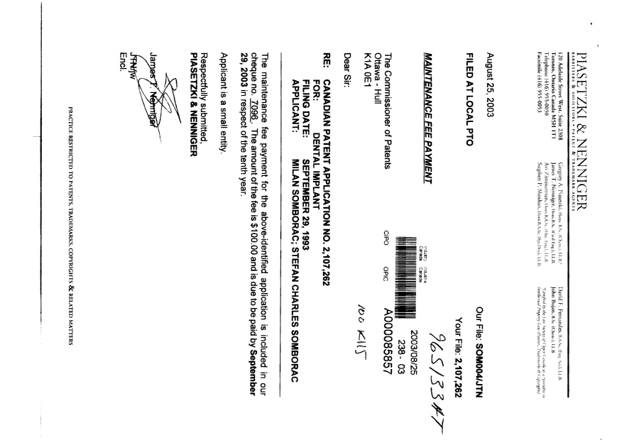 Document de brevet canadien 2107262. Taxes 20030825. Image 1 de 1
