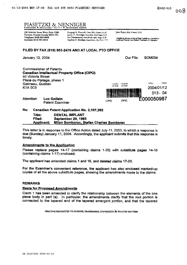 Document de brevet canadien 2107262. Poursuite-Amendment 20040112. Image 1 de 13