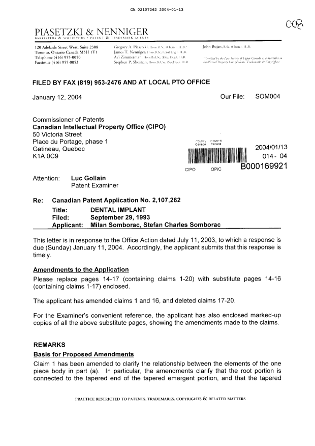 Document de brevet canadien 2107262. Poursuite-Amendment 20040113. Image 1 de 12