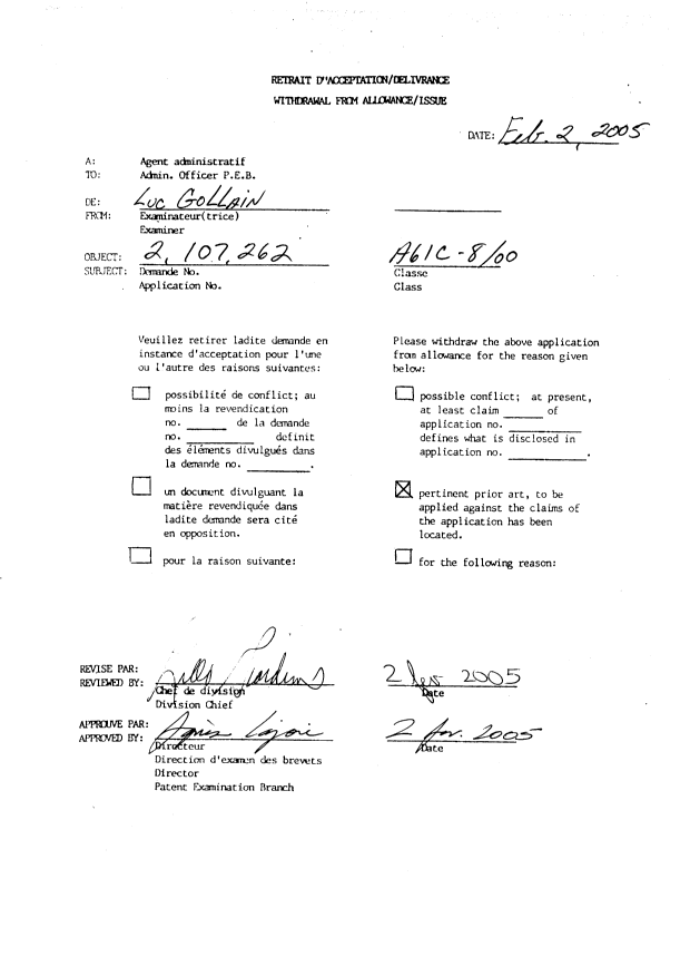Document de brevet canadien 2107262. Correspondance 20050202. Image 1 de 1