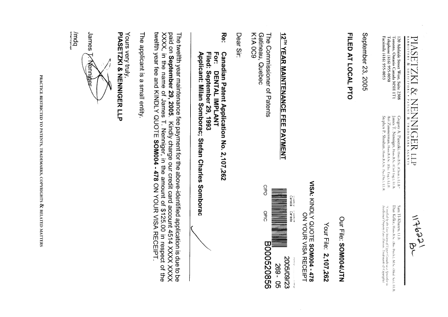 Document de brevet canadien 2107262. Taxes 20050923. Image 1 de 1