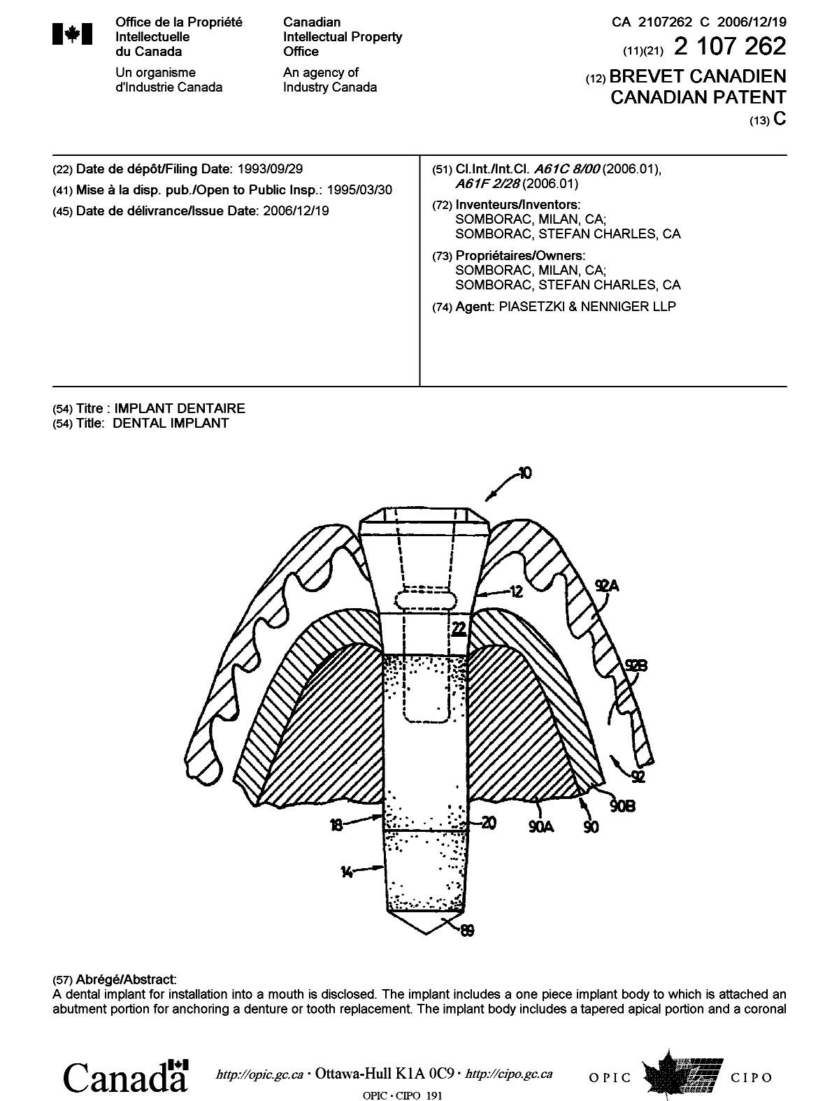 Document de brevet canadien 2107262. Page couverture 20061116. Image 1 de 2