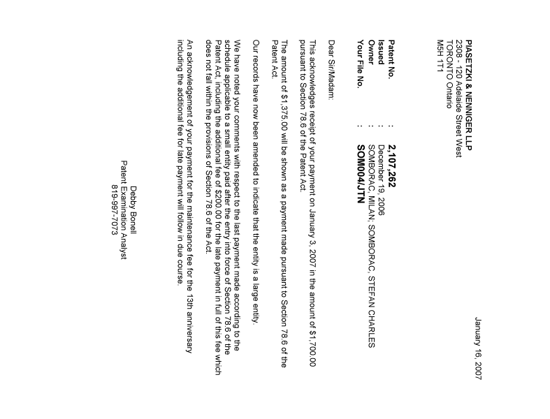 Document de brevet canadien 2107262. Correspondance 20070116. Image 1 de 1