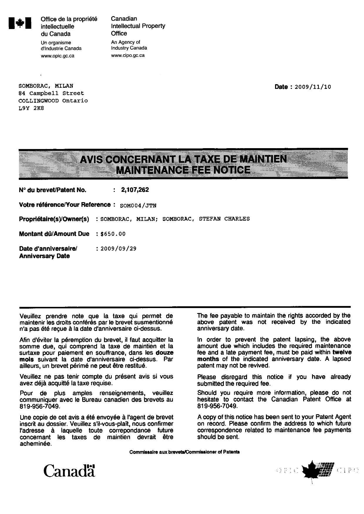 Canadian Patent Document 2107262. Correspondence 20091224. Image 1 of 2