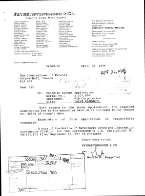 Document de brevet canadien 2107420. Correspondance de la poursuite 19960426. Image 1 de 3