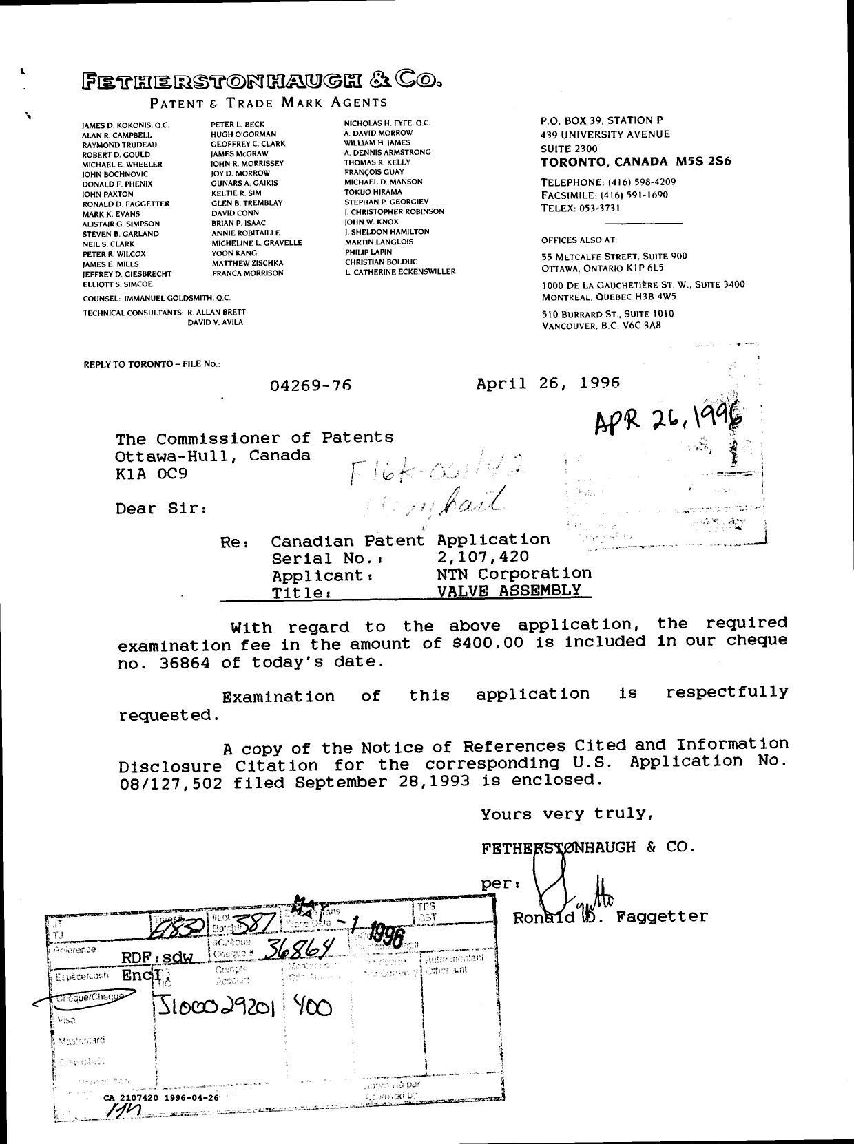 Canadian Patent Document 2107420. Prosecution Correspondence 19960426. Image 1 of 3