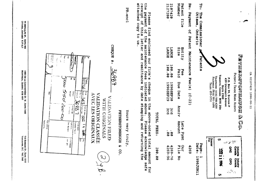 Document de brevet canadien 2107420. Taxes 19960611. Image 1 de 1