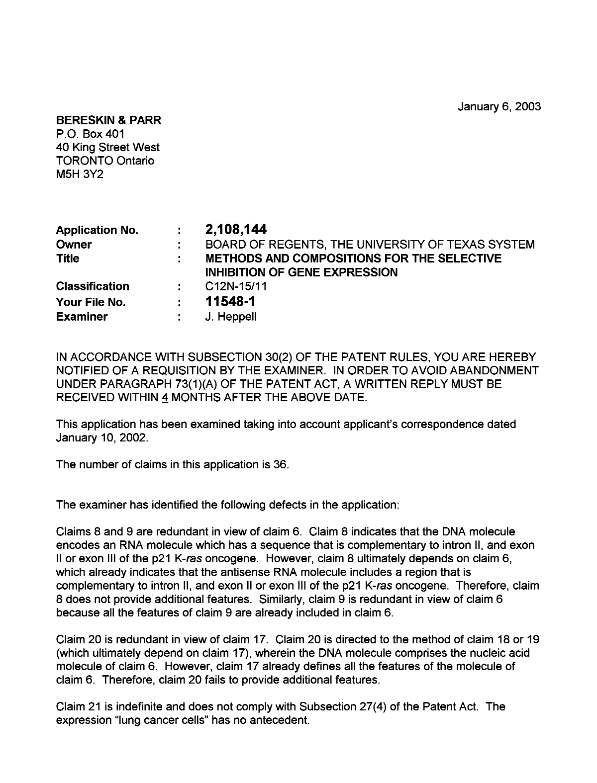 Document de brevet canadien 2108144. Poursuite-Amendment 20030106. Image 1 de 2