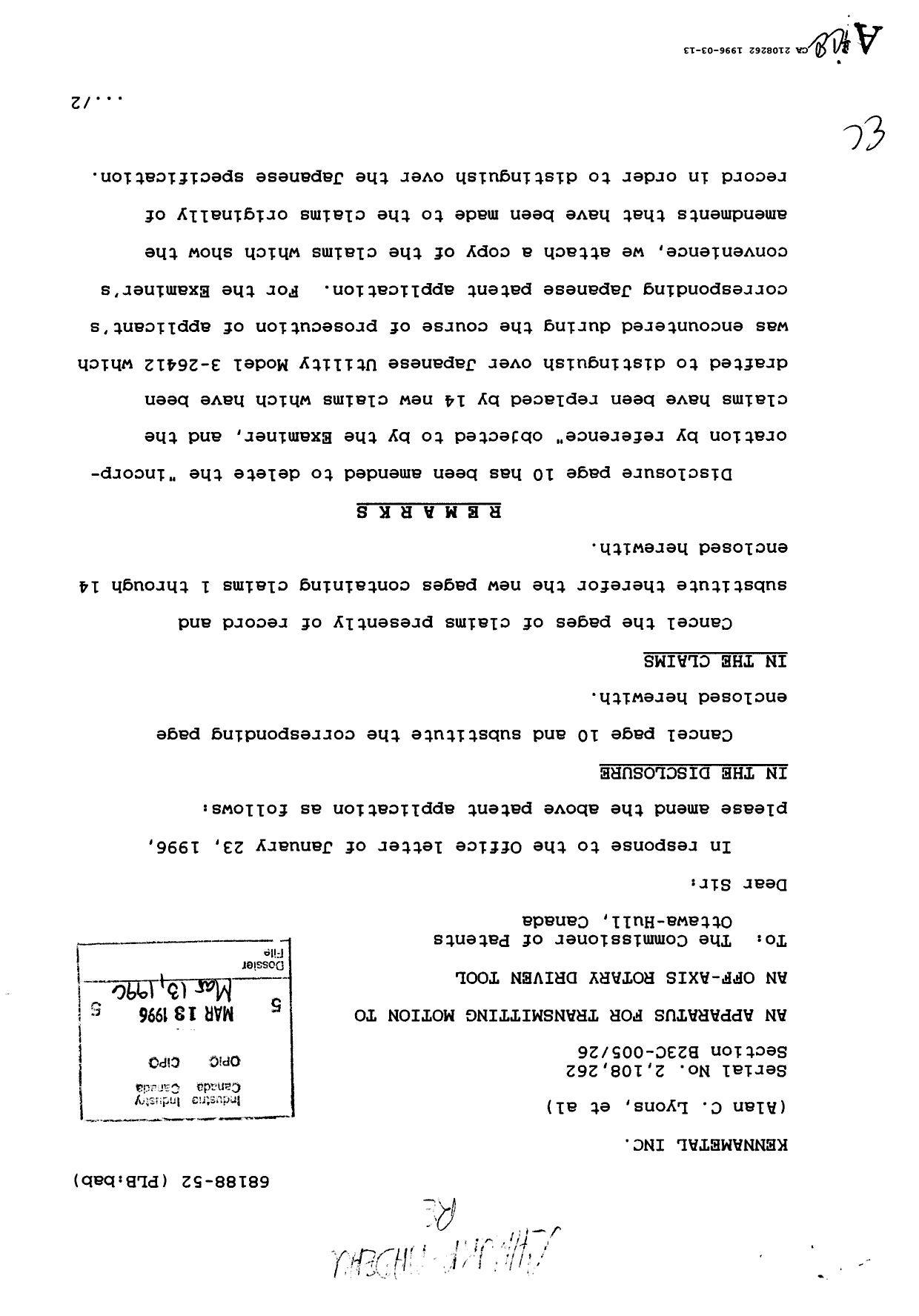 Canadian Patent Document 2108262. Prosecution Correspondence 19960313. Image 1 of 8