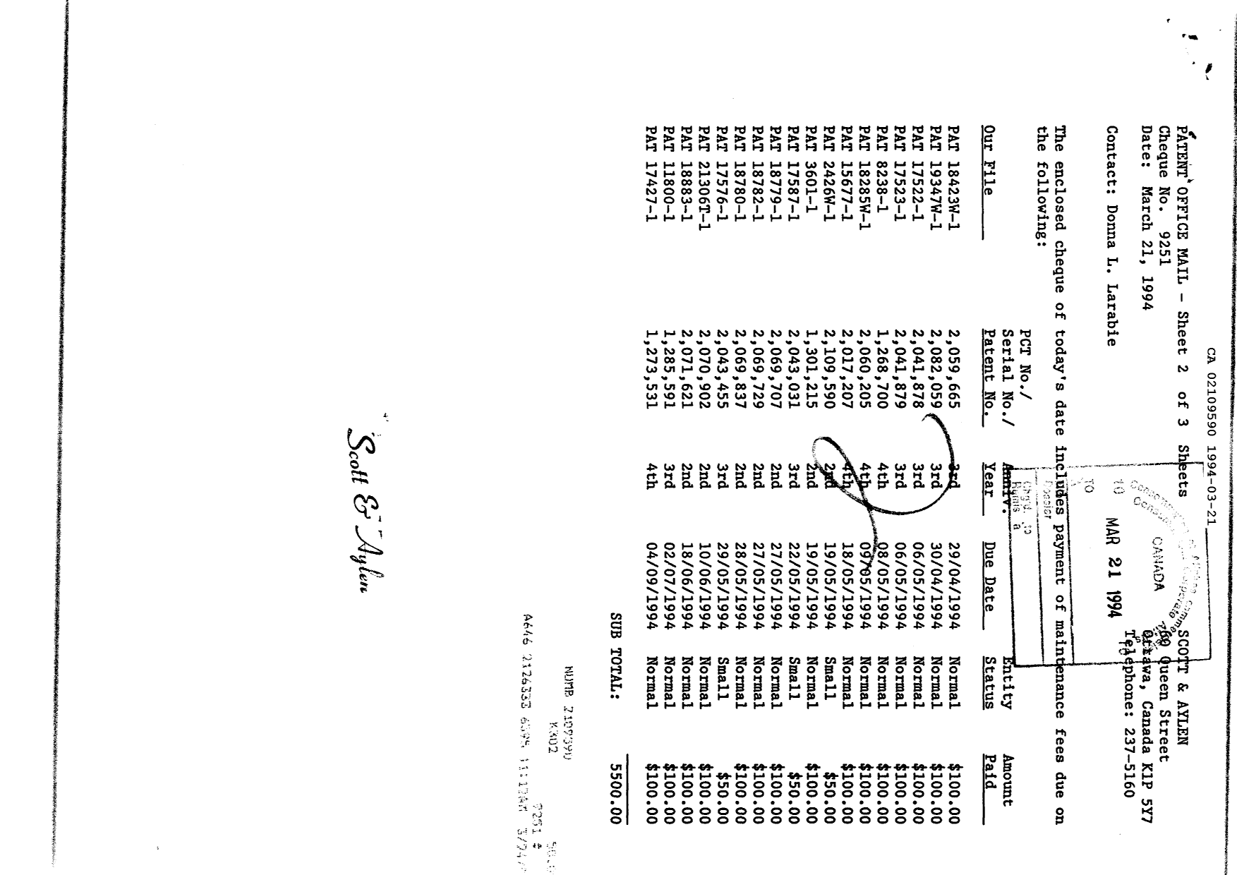 Document de brevet canadien 2109590. Taxes 19931221. Image 1 de 1