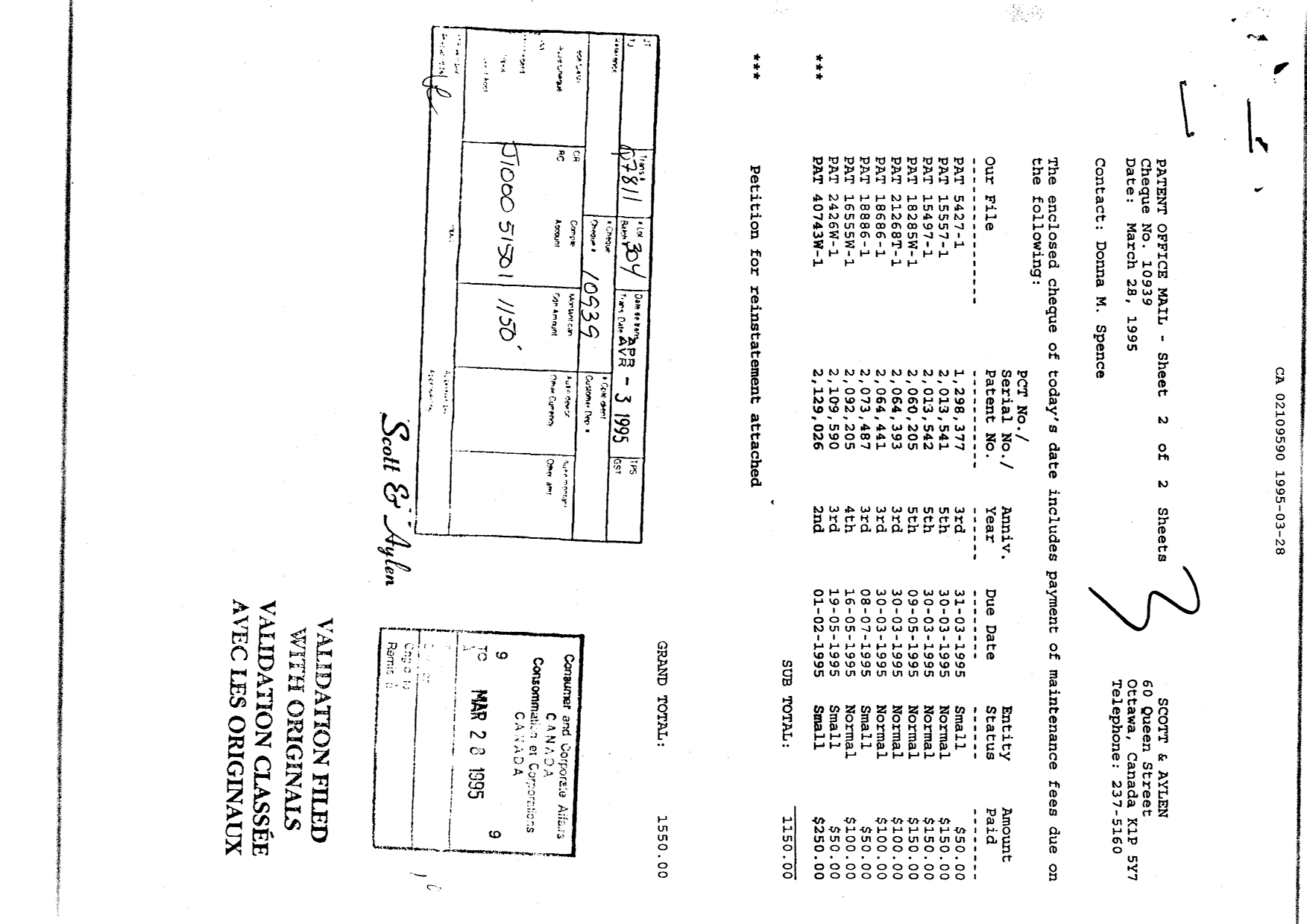 Document de brevet canadien 2109590. Taxes 19941228. Image 1 de 1