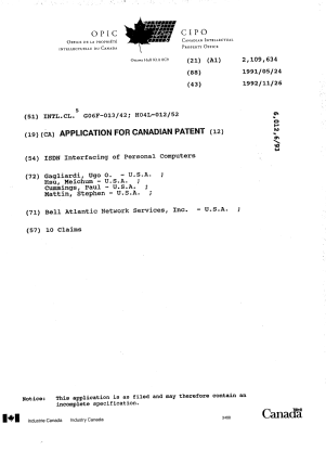 Document de brevet canadien 2109634. Page couverture 19950729. Image 1 de 1