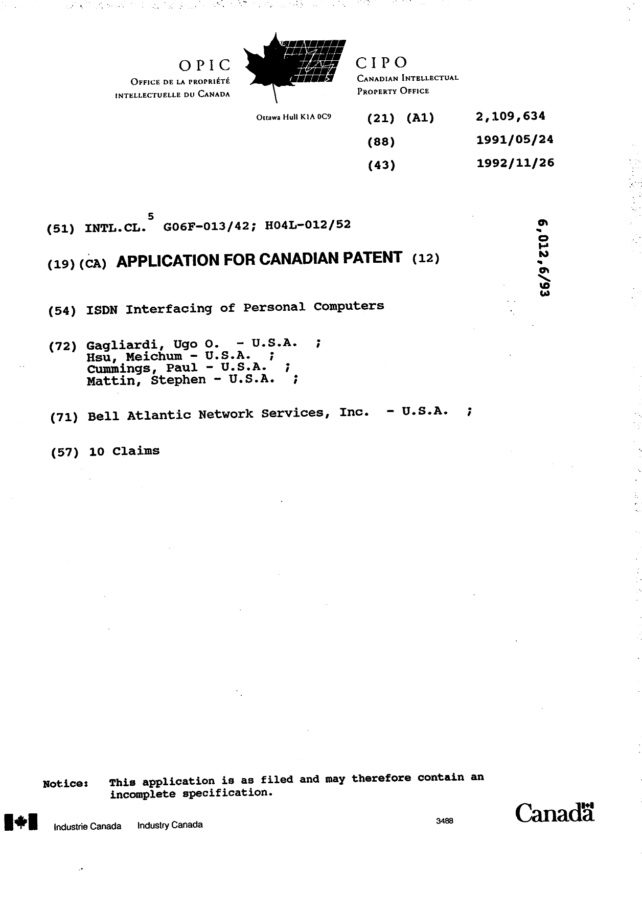 Document de brevet canadien 2109634. Page couverture 19950729. Image 1 de 1
