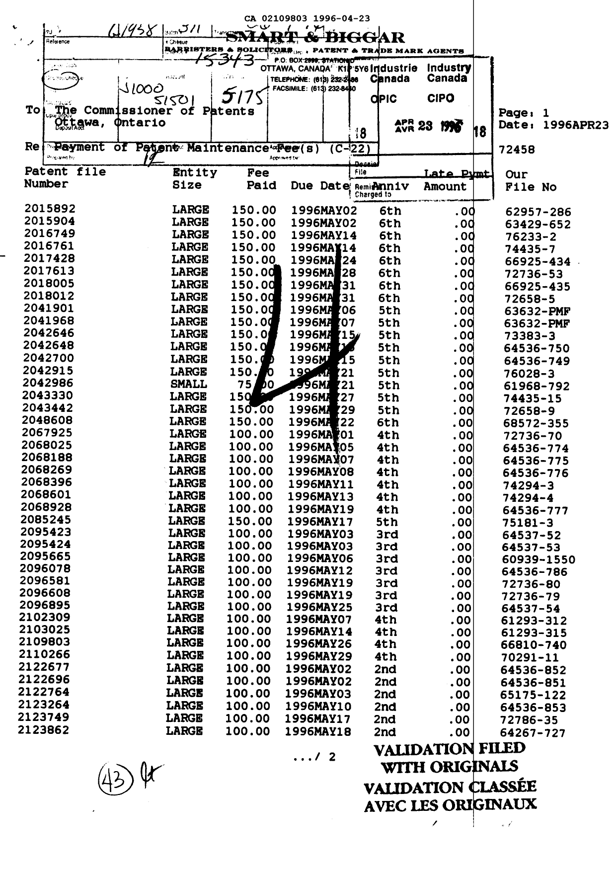 Document de brevet canadien 2109803. Taxes 19960423. Image 1 de 1