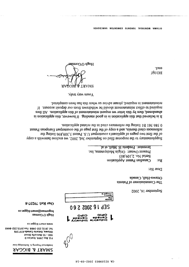 Document de brevet canadien 2109803. Poursuite-Amendment 20020916. Image 1 de 1