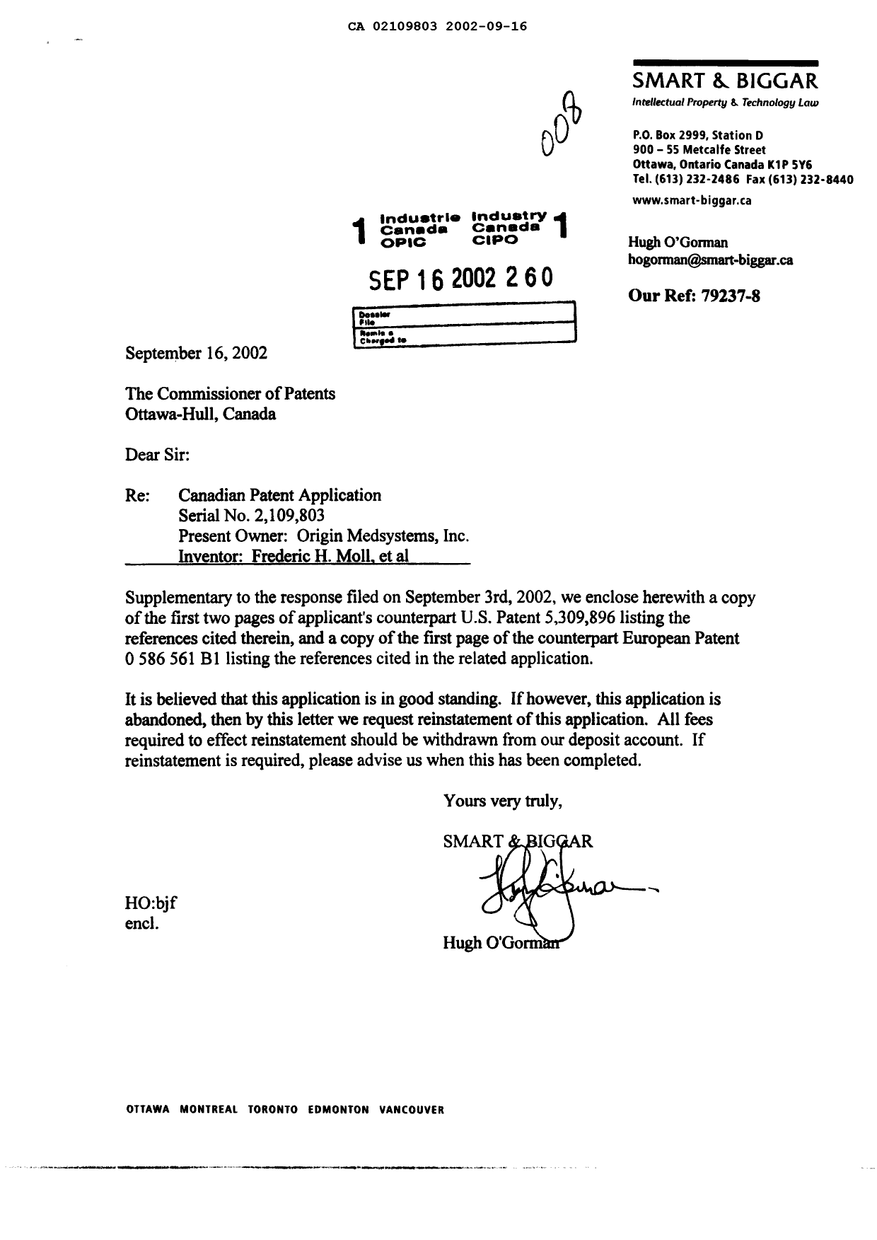 Canadian Patent Document 2109803. Prosecution-Amendment 20020916. Image 1 of 1