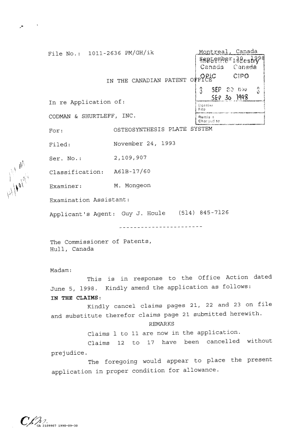 Canadian Patent Document 2109907. Prosecution Correspondence 19980930. Image 1 of 2