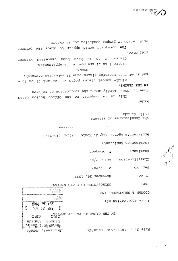 Document de brevet canadien 2109907. Correspondance de la poursuite 19980930. Image 1 de 2