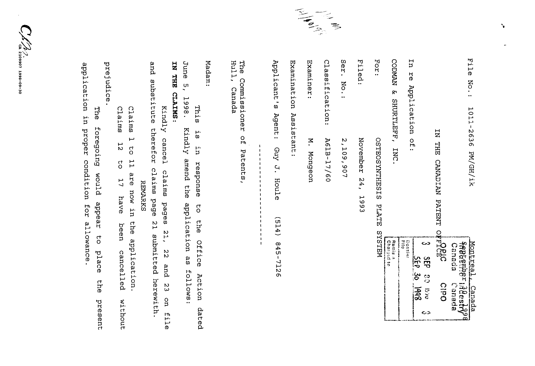 Document de brevet canadien 2109907. Correspondance de la poursuite 19980930. Image 1 de 2